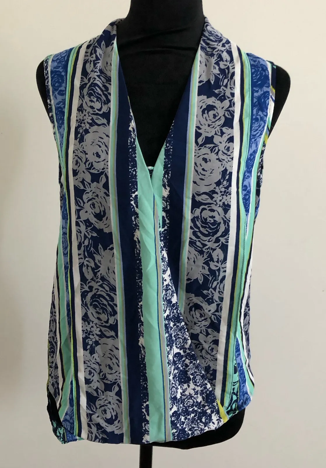 Three Eighty Two Women's Blue Striped Floral Print Sleeveless Blouse, Size Small - Image 1