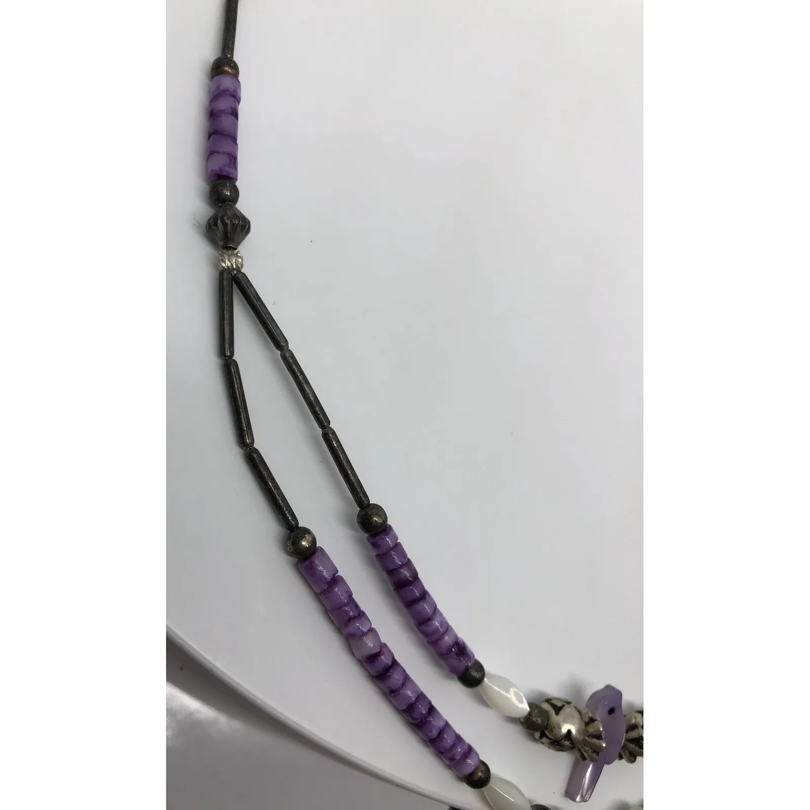 Rare Vtg Silver Horse Necklace Purple Pony Pendant Silver Roses‎ Beaded Bird 16" - Image 6