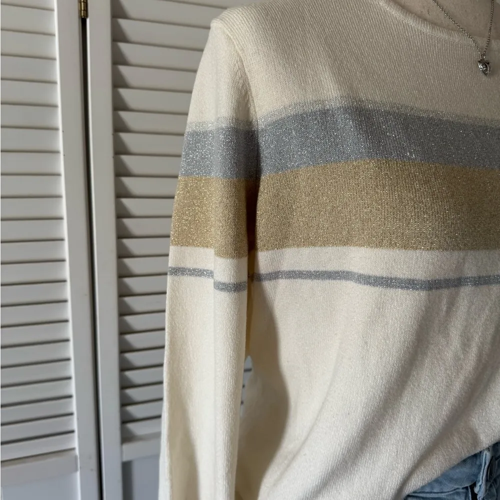 Russ by Liz Claiborne Y2K Sparkly Striped White Long Sleeve Sweater Silver Size L - Image 3