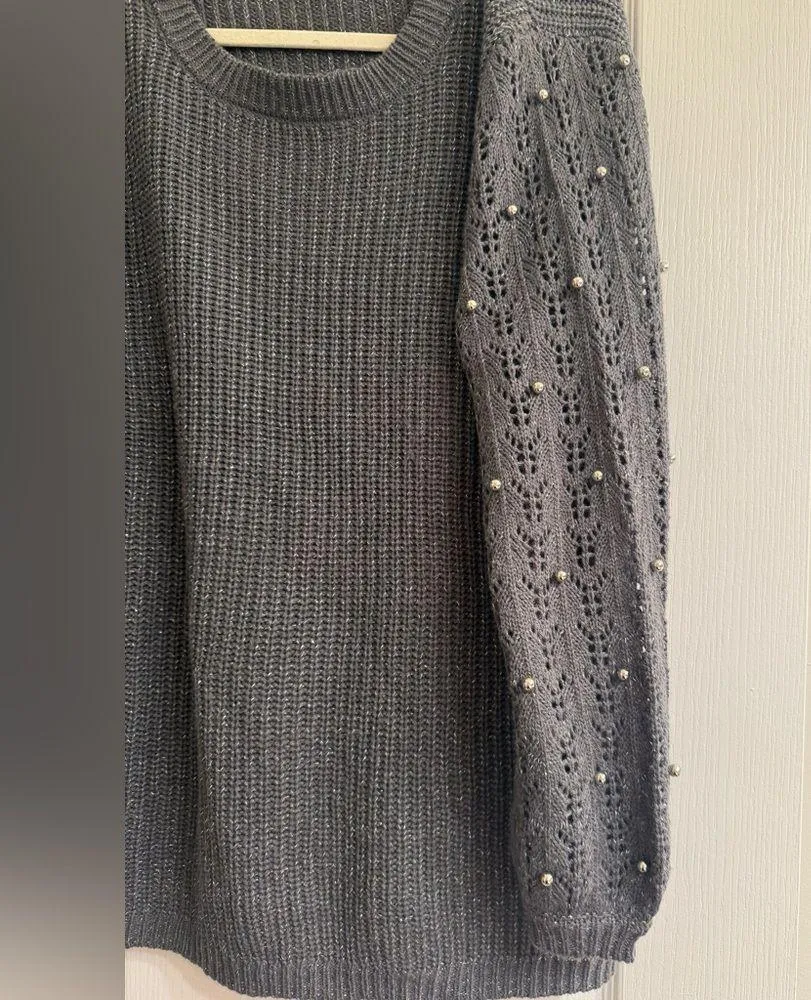 Lane Bryant Grey Metallic Beaded Knit Crochet Style Sleeve Sweater - size 14/16 - Image 2