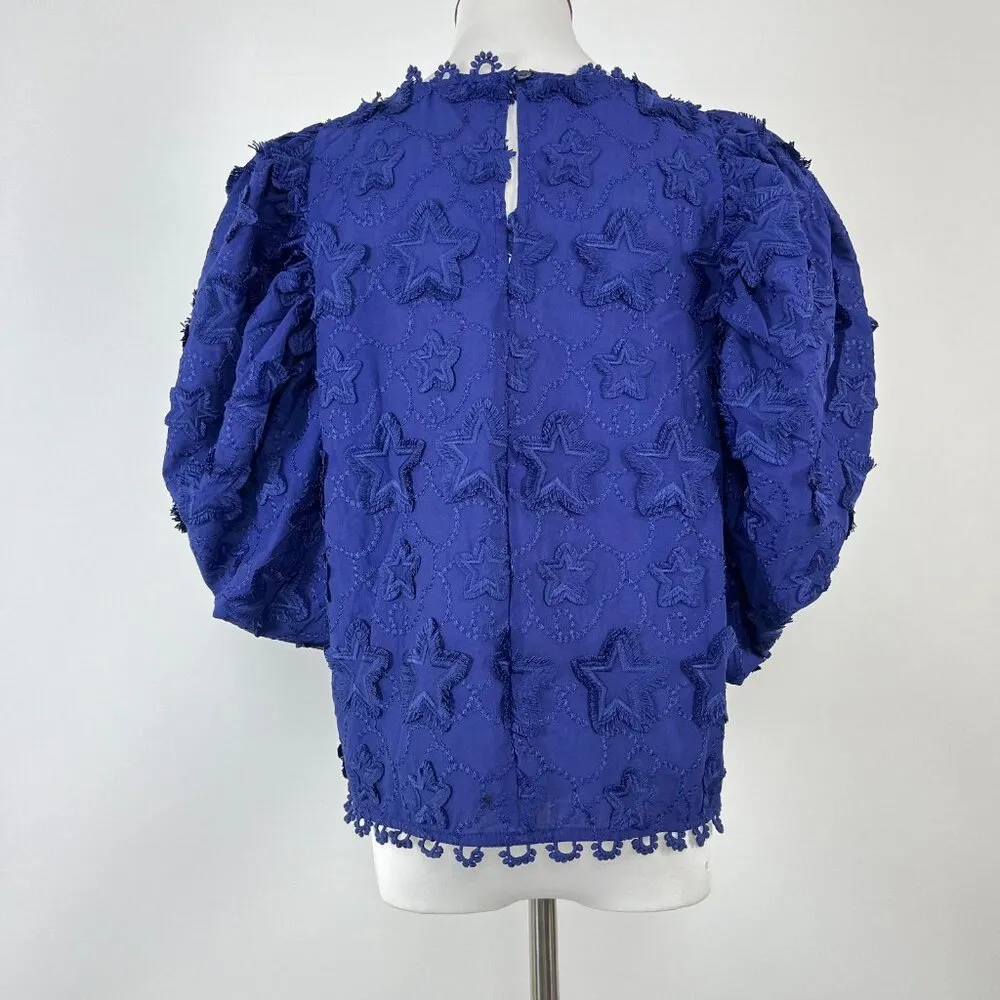 NWOT Farm Rio 3D Star Embroidery Top Blouses Shirt Blue Size M Short Sleeve - Image 9