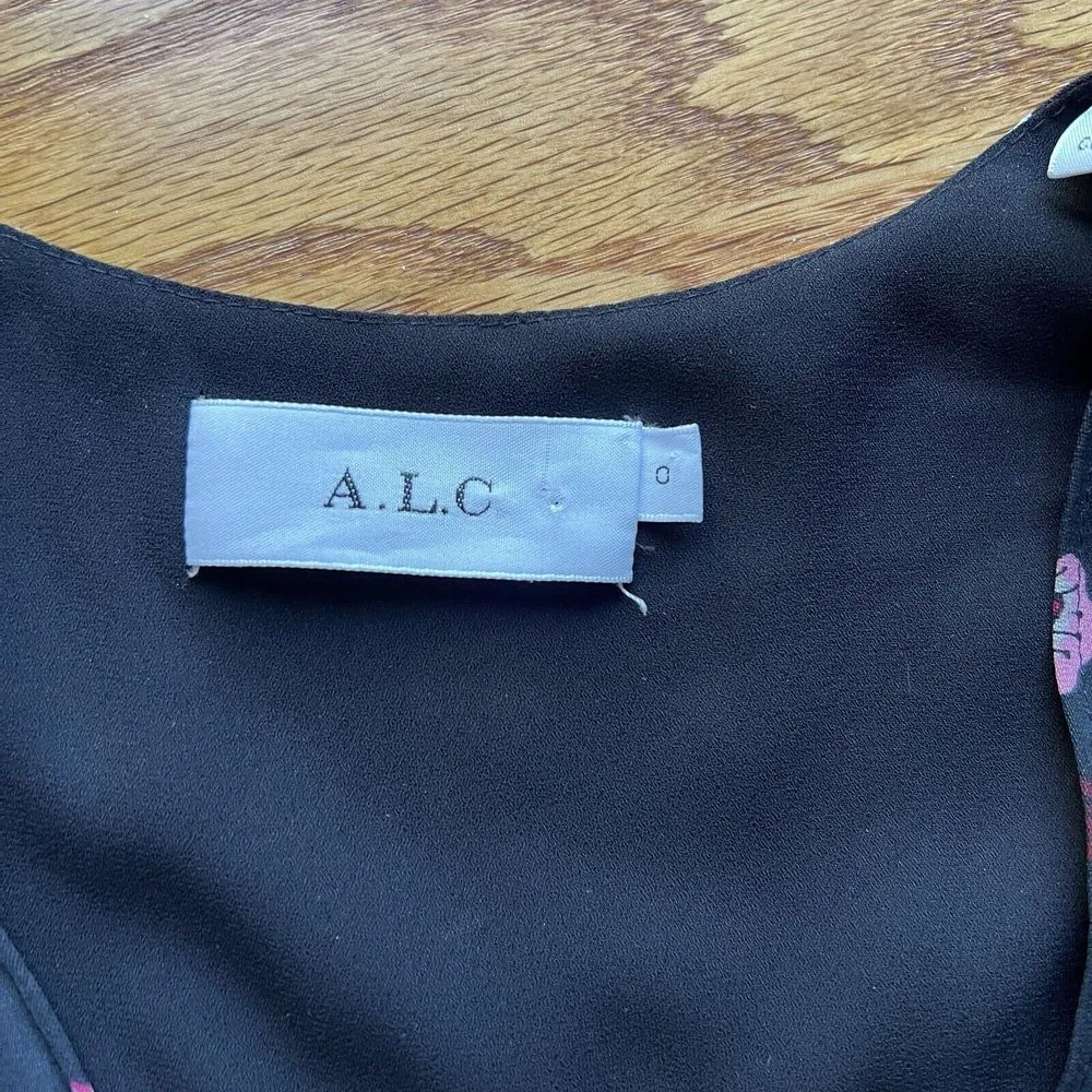 ALC‎ Haven 100% silk Dress Rusched Silk Floral Chiffon Print Black Lined - Image 6