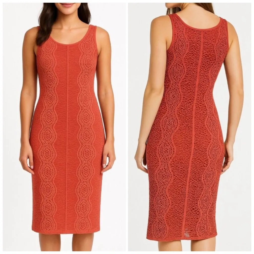Bebe Vintage Y2K Crochet Bodycon Midi Dress in Coral - Image 2
