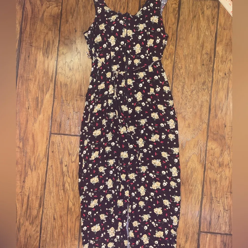 Chic Floral Midi Dress brown floral print beaded woman’s size 7 90s Y2K VINTAGE Pink - Image 5