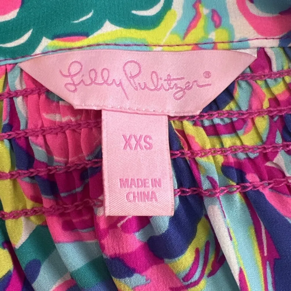 Lilly Pulitzer Size XXS Elsa 100% Silk Top Psychedelic Sunshine Bright Pink Blue - Image 6