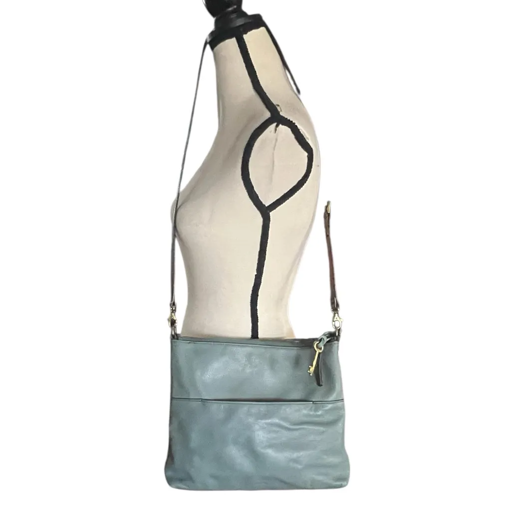 Fossil Blue Gray Leather Crossbody Handbag. - Image 2