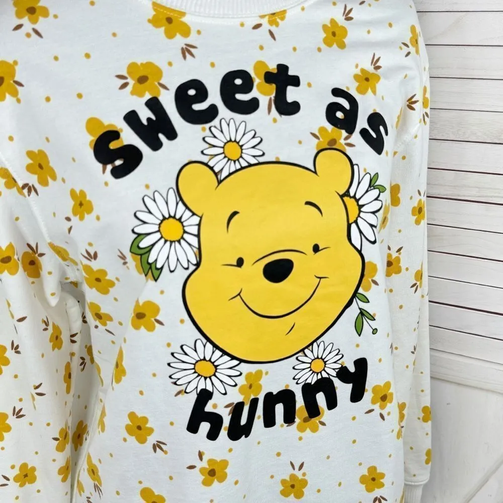Disney Winnie The Pooh Sweet‎ As Honey Floral Sweatshirt White Yellow Medium - Image 5