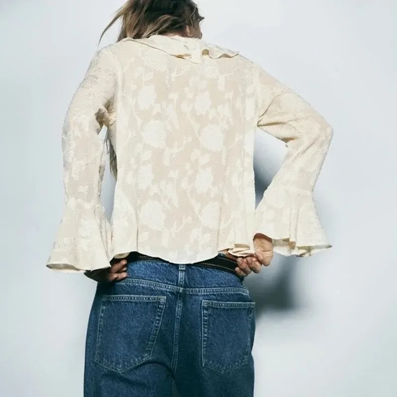 Zara Sheer Ruffle Jacquard Blouse Sz M - Image 3