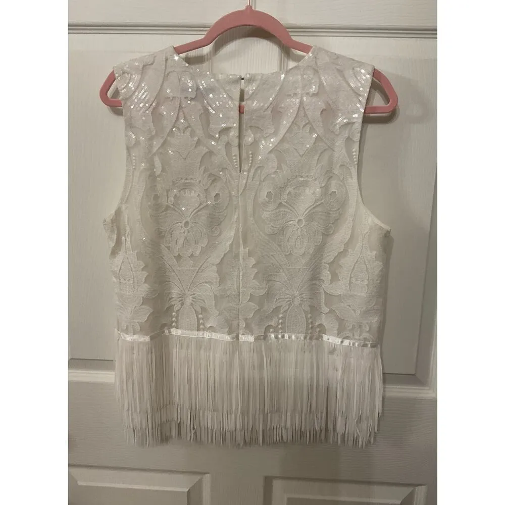 NWOT English Factory White Sequin Party Crop Fringe Top, L - Image 5