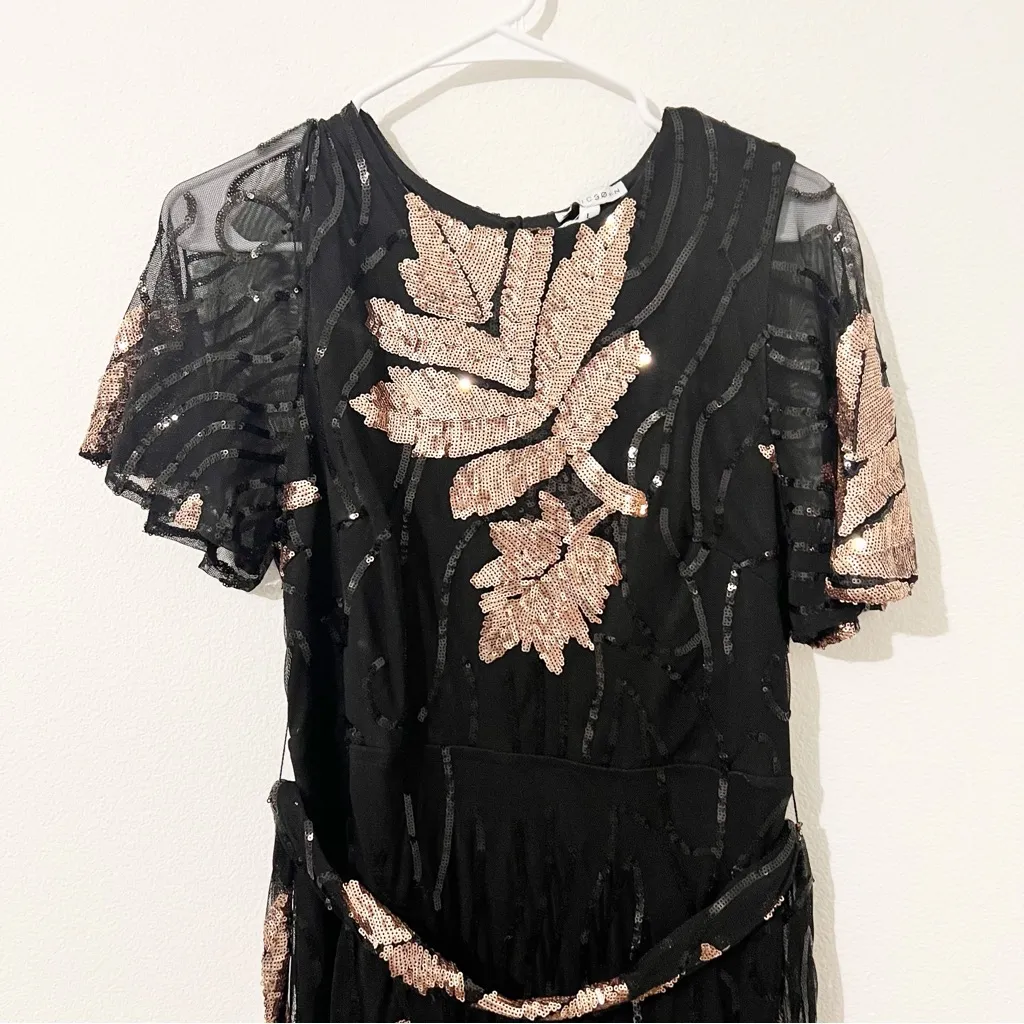 NWT Baltic Born Muse Sequin Maxi Dress Black Rose Gold Leaf Size Large L - Image 3