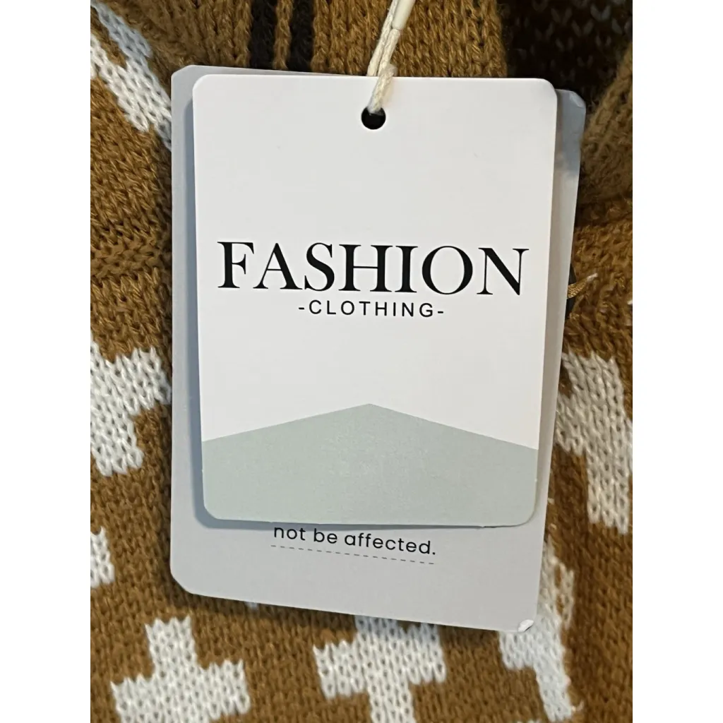 Hooded Sweater Geometric Knit Womens Size Medium Brown White Pull Over Cowl Neck - Image 10