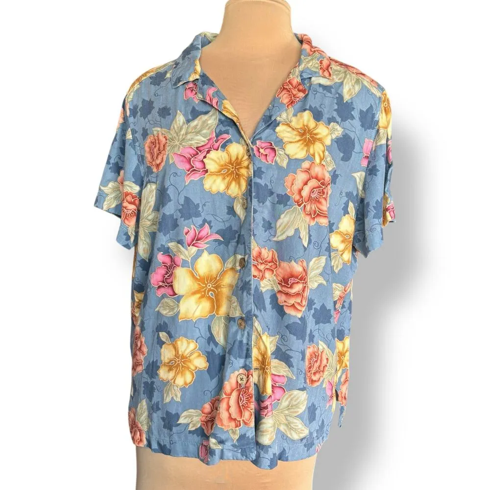 Vintage La Cabana Blue Floral Hawaiian Shirt Plus Size 2X Rayon Camp Collar - Image 2