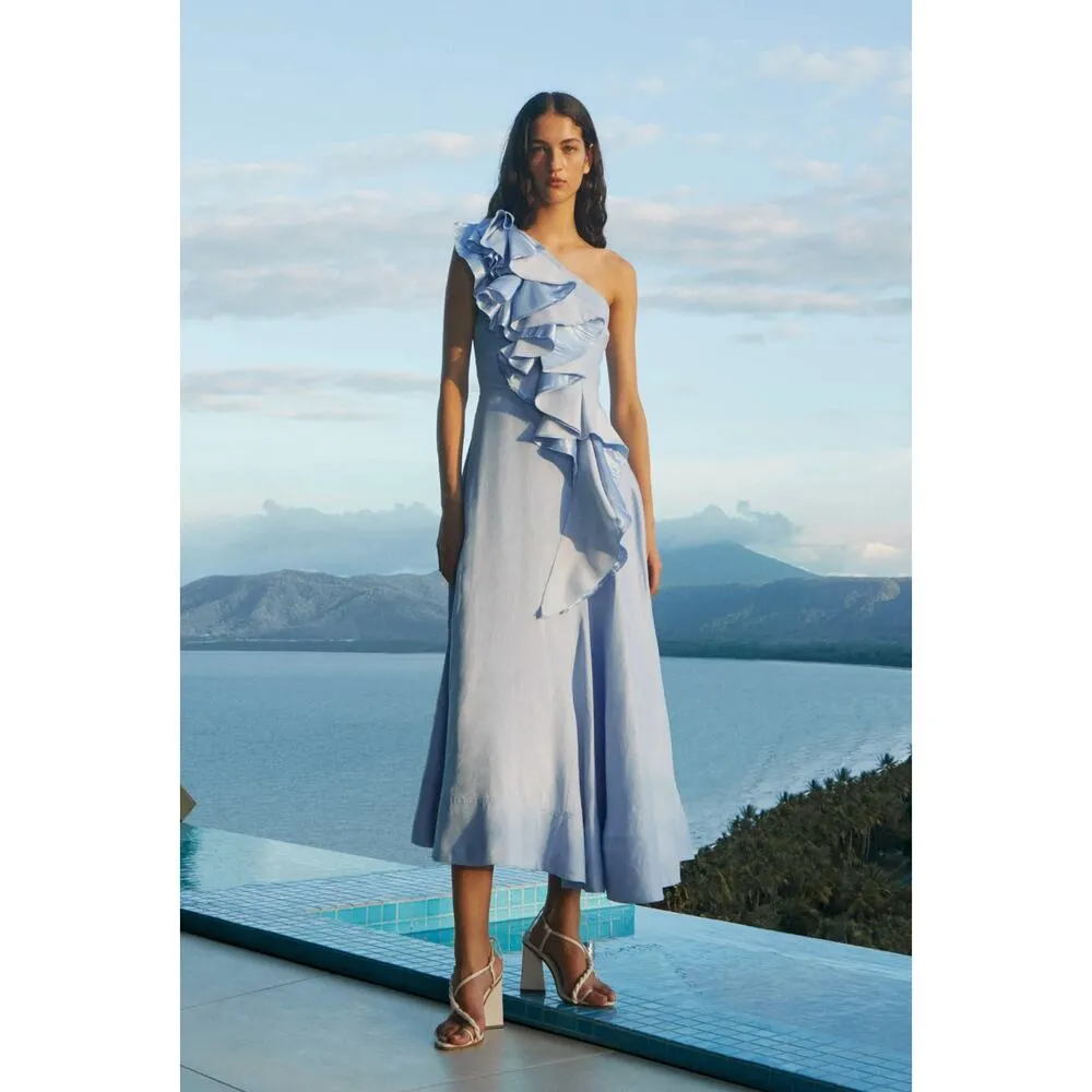 NEW Aje Adelia Ruffle‎ Midi Dress AU 10 US 6 Light Sky Blue One Shoulder Midi - Image 2