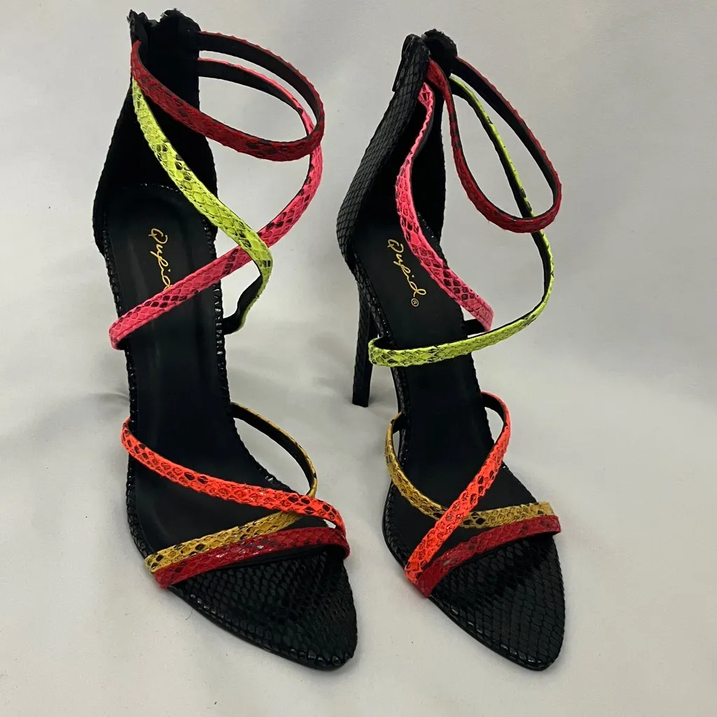 Qupid Multicolor Strappy Snake Skin Pattern Heels Women’s Size 8 - Image 2