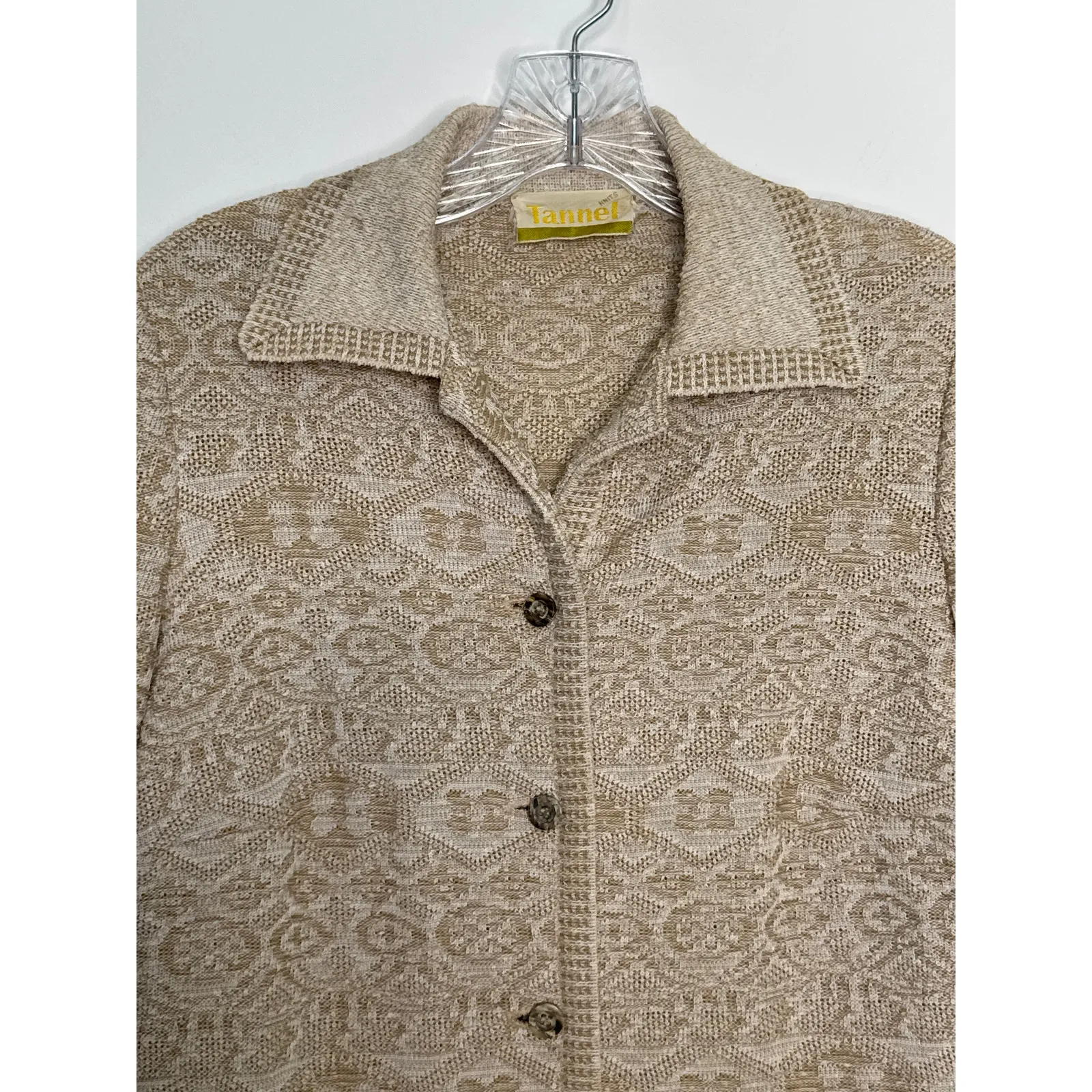 Vintage 70's Tannel Knit Jacquard Tan Sweater Dress button down Pockets medium - Image 3