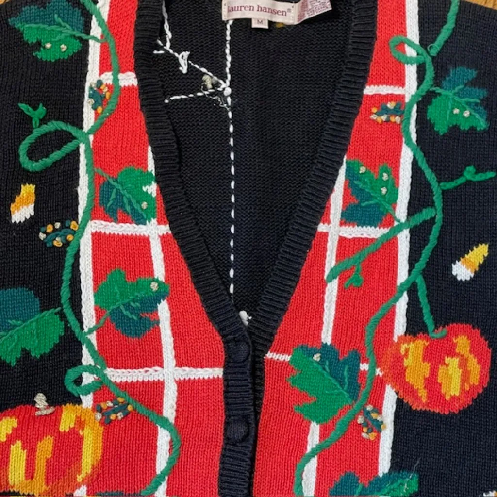 Vintage Cardigan Sweater Vest Halloween Knit Multicolor Embroidered Medium Orange - Image 3