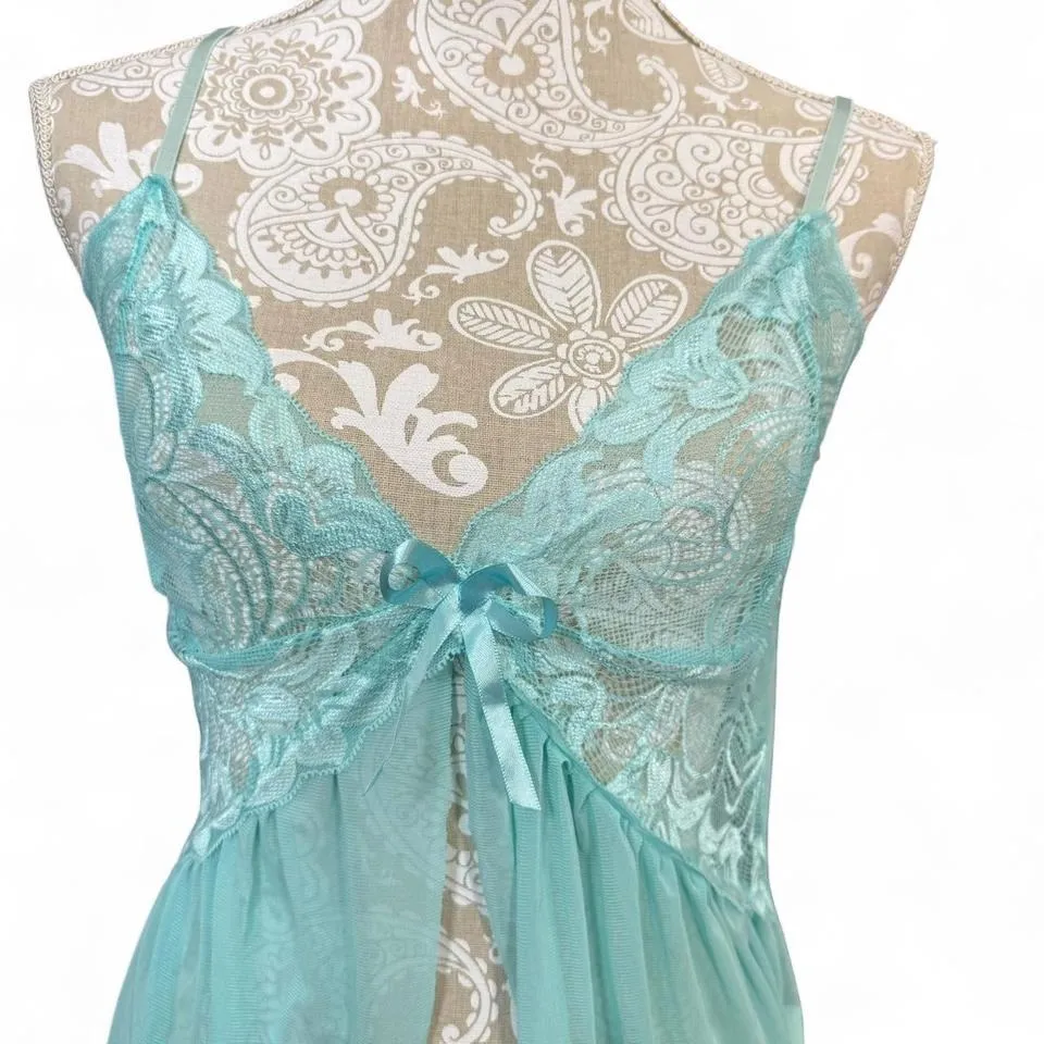 Fairycore Babydoll Teal Camo Half Slip Sheet Lace Tank Top Sheer Flowy Size L - Image 2