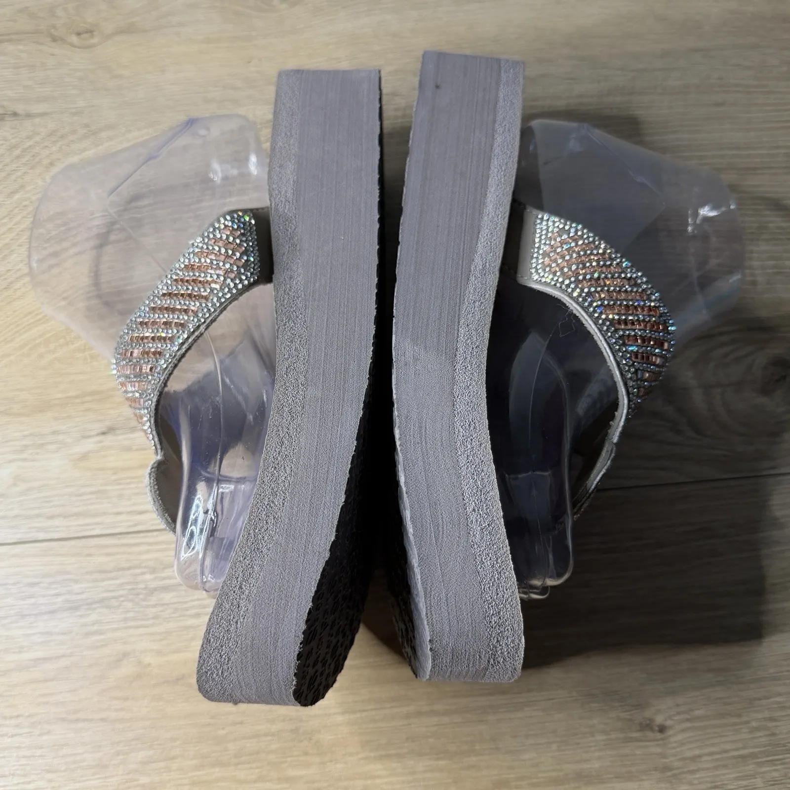 Skechers Cali Yoga Foam Rhinestone Wedge Platform Sandals Bling Sparkle Gray 8 - Image 6