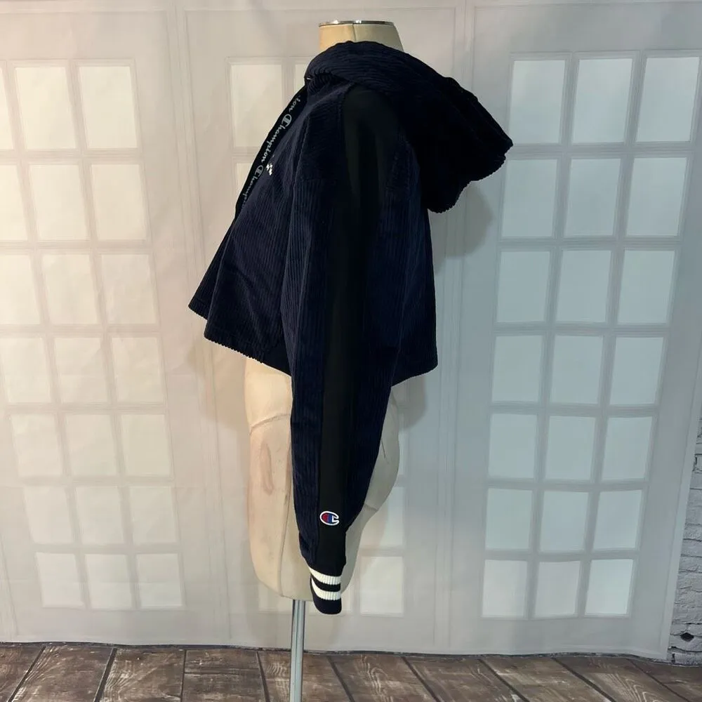 Champion Blue Corduroy Cotton Blend Pullover Long Sleeve Cropped Hoodie Small - Image 7