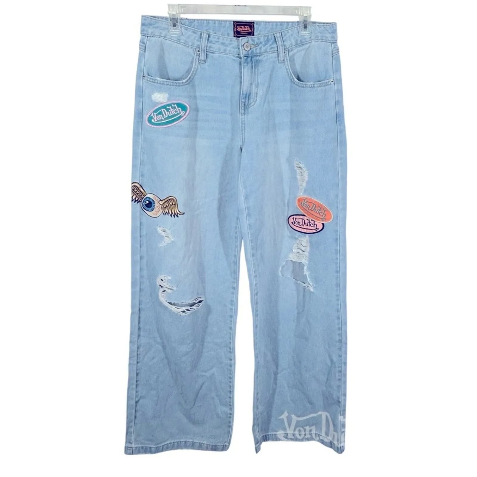 Von Dutch Y2K Patchwork Wide Leg Jeans NWOT Light Wash Distressed Size 7 - Image 3