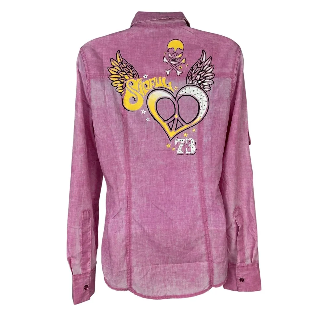 Sinful Womens Pink Long-Sleeve Button-Up Shirt Graphic Design Size Small - Image 3