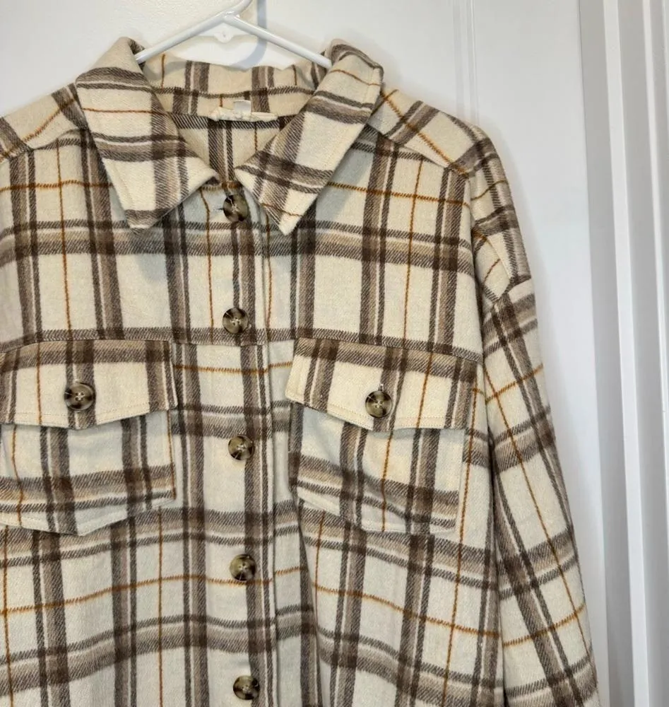 🛍️ LA Hearts Pacsun Ivory Oversized Plaid Button Up Shacket Shirt Jacket Sz M/L - Image 9