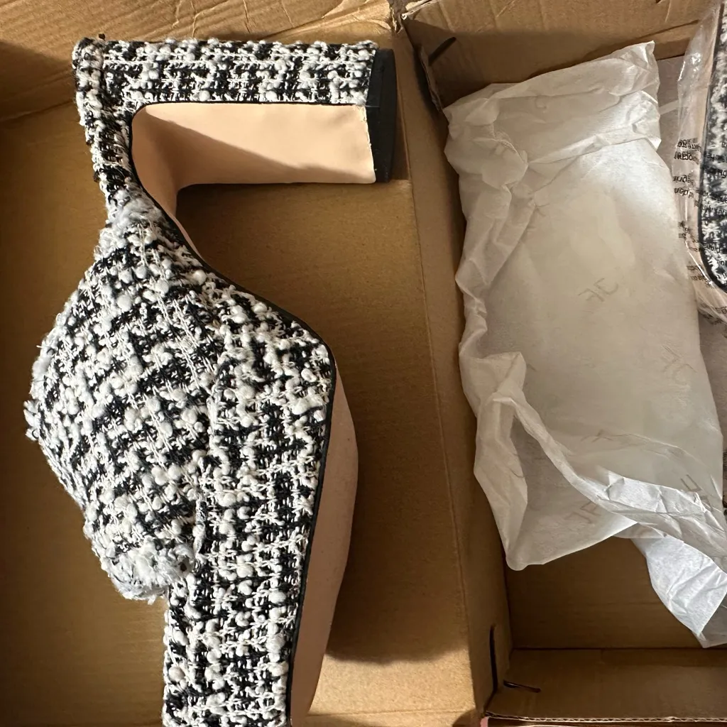 Tweed Platform Mule Heels Black White Chunky Block Heel Slip On Sandals NEW - Image 8