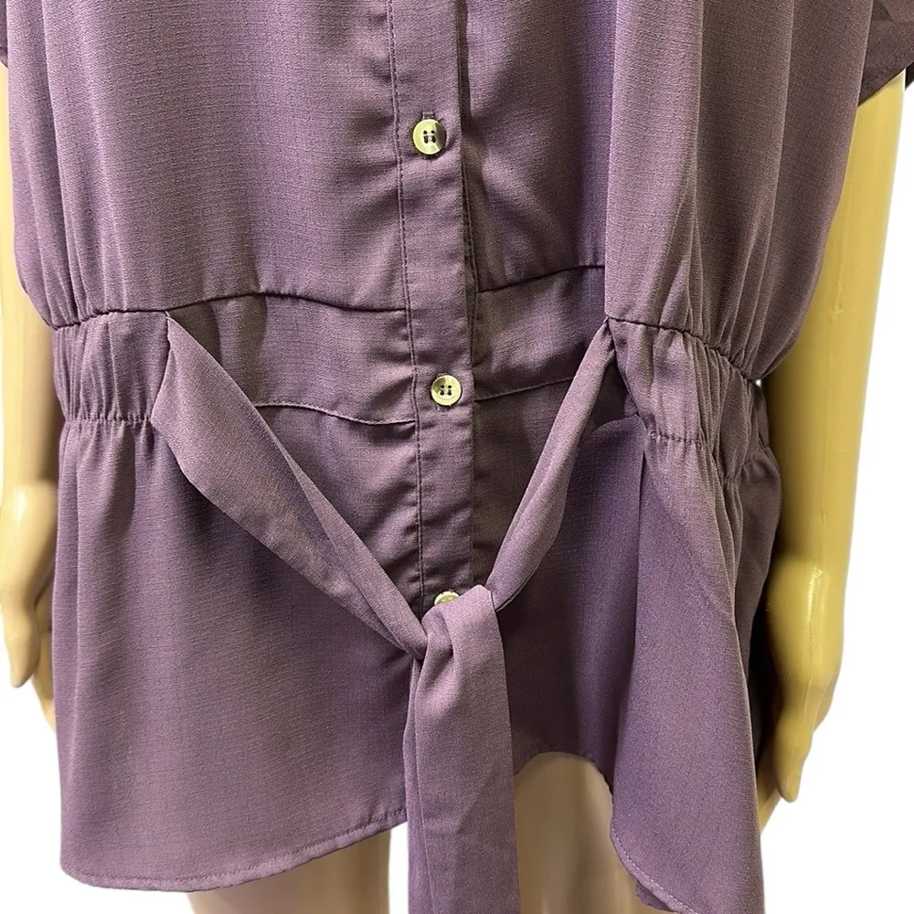 Sweet Rain Purple Peplum Tie Waist Button Up Short Sleeve Split Neck Blouse 1X - Image 7