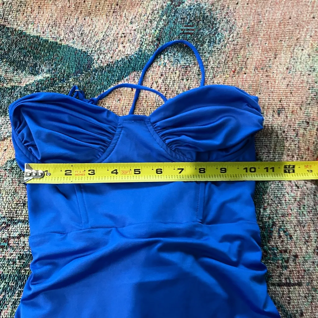 Lucy in the Sky Strapless Dark Blue Dress SZ S Tie Back Ruffled Sheath Designer - Image 14