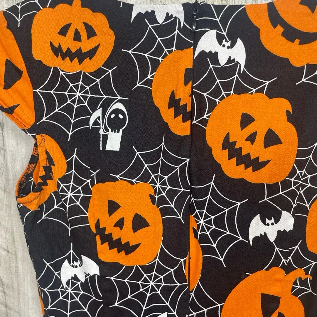 Hanpceirs Fit Halloween Print Fit And Flare Dress sz XS Black Orange Pinup Retro - Image 9