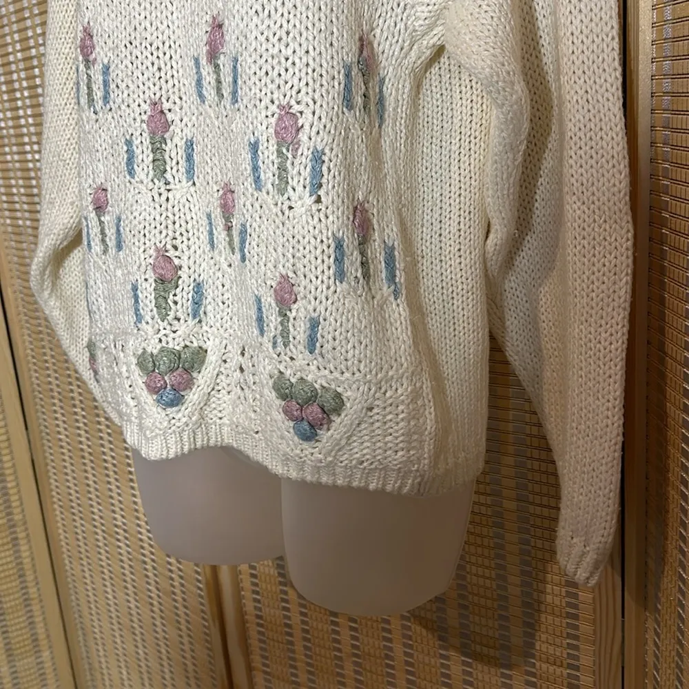Cabin Creek Vintage 1990s Y2K Cream Embroidered Loose Knit Sweater Small - Image 5
