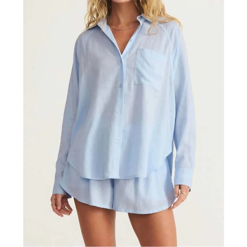 Z Supply The Perfect Linen Top Salt Water Light Blue Size Large - Image 3