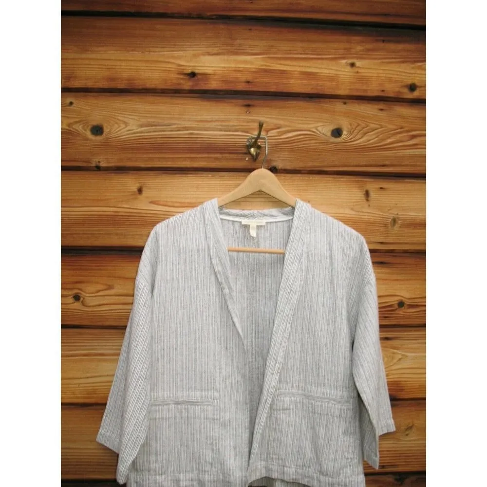 Eileen Fisher Ivory Organic Linen Cotton Boxy Ticking Stripe Jacket Size S - Image 5
