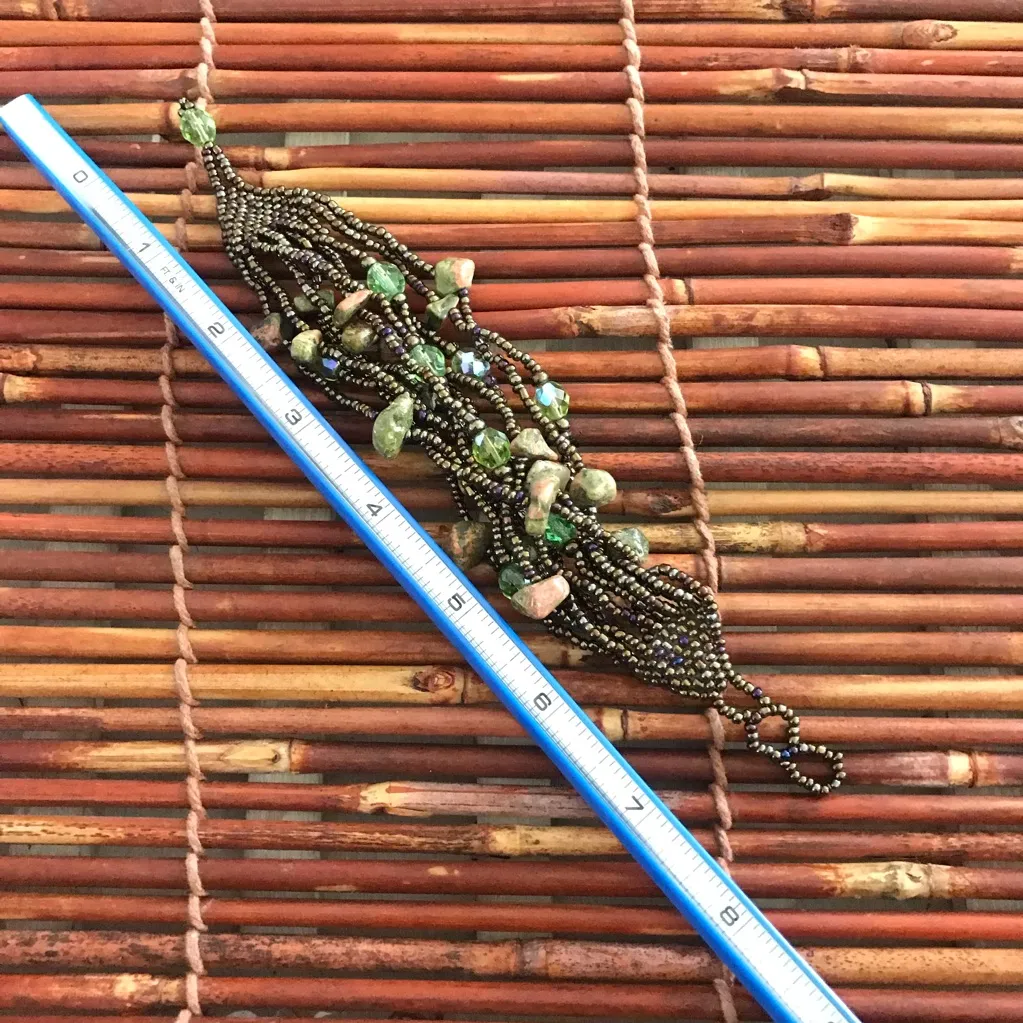 Bronze colored Glass Seed bead & Rock Bohemian Bracelet. Fits smaller 7” wrist Green - Image 4