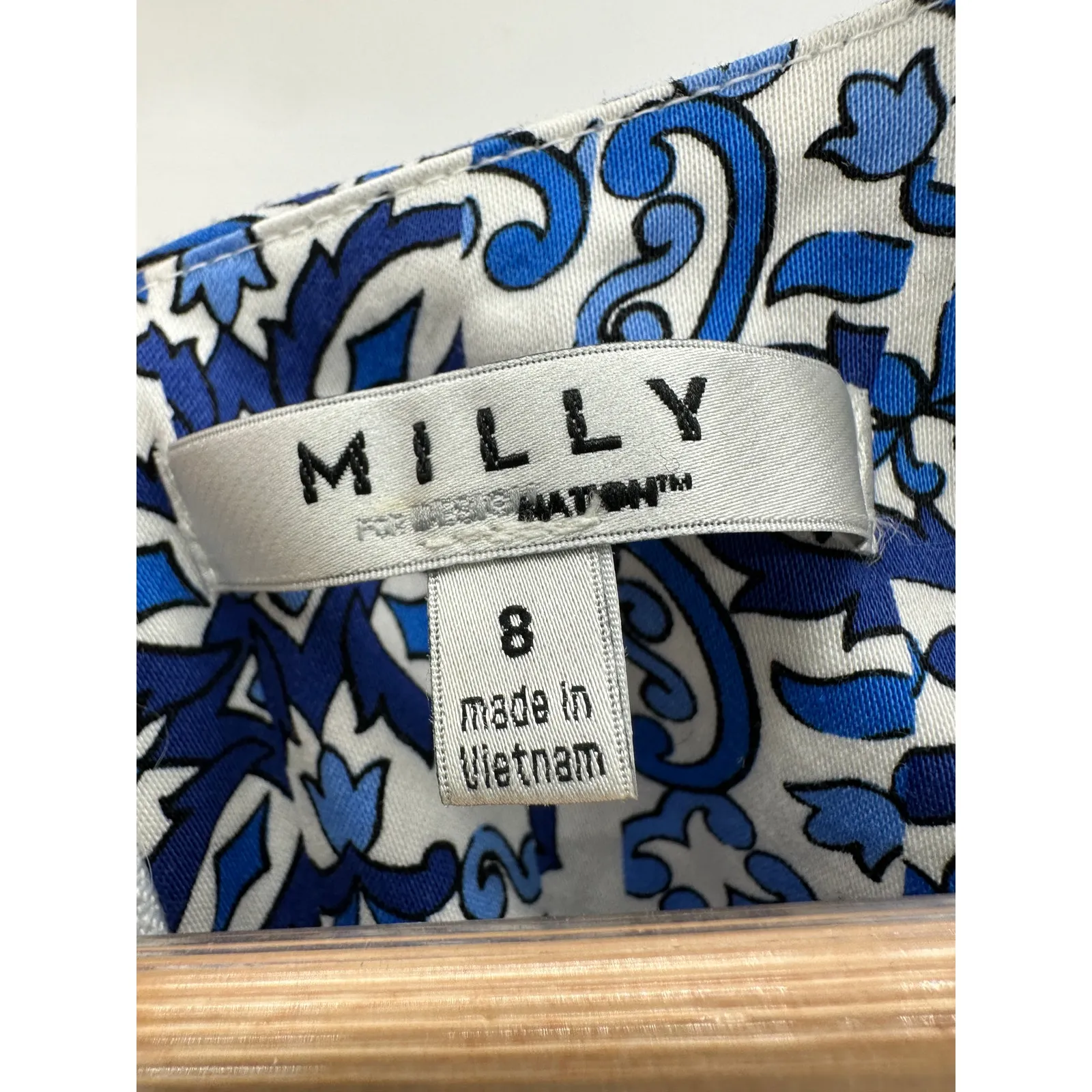 Milly Dress Women 8 Blue White Paisley Print V-Neck Sleeveless Back Zip Mini - Image 5