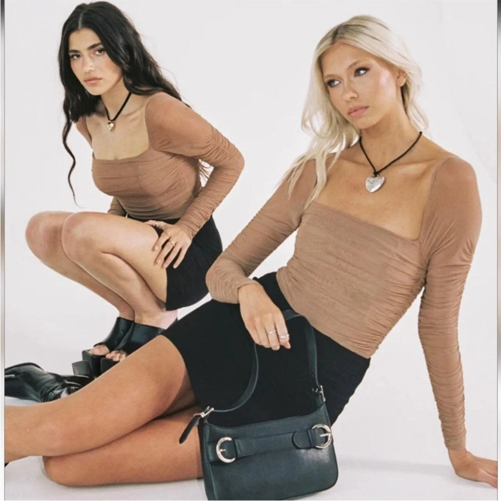 NWT Princess Polly Delaney Mesh Ruched Long Sleeve Bodysuit SZ 10 beige - Image 5