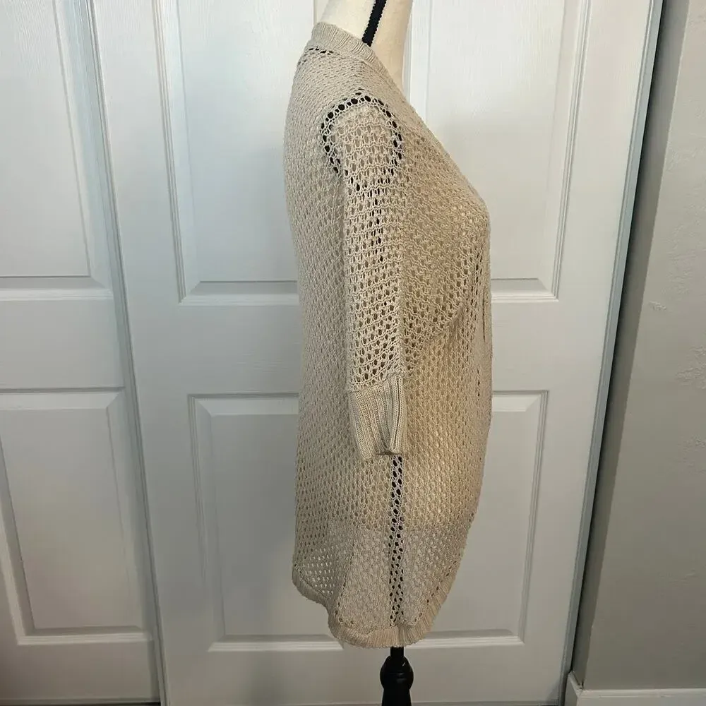 Planet Gold Crochet Beige Open Knit Cardigan Sweater Size Small Swim Cover Up‎ - Image 3