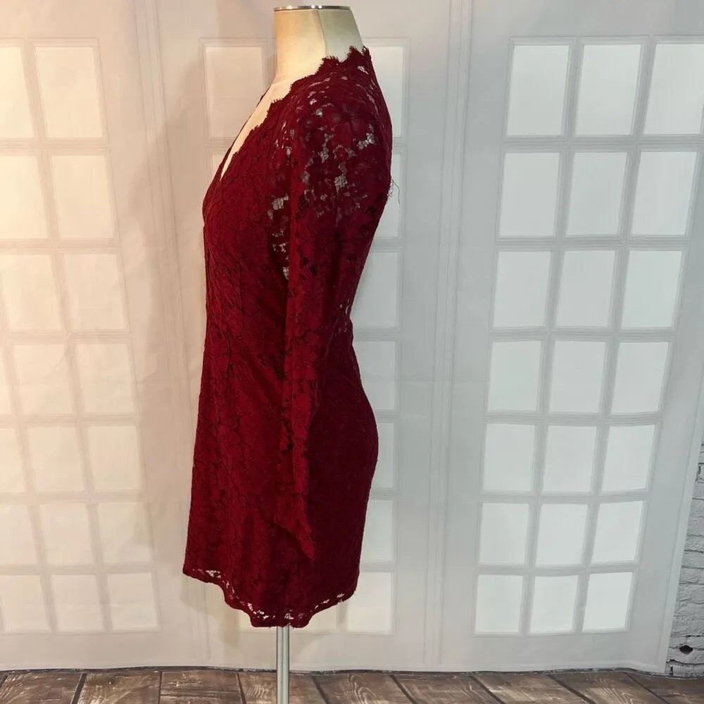 WAYF Say It Out Loud Burgundy Lace Long Sleeve V-Neck Mini Dress Size Small - Image 8
