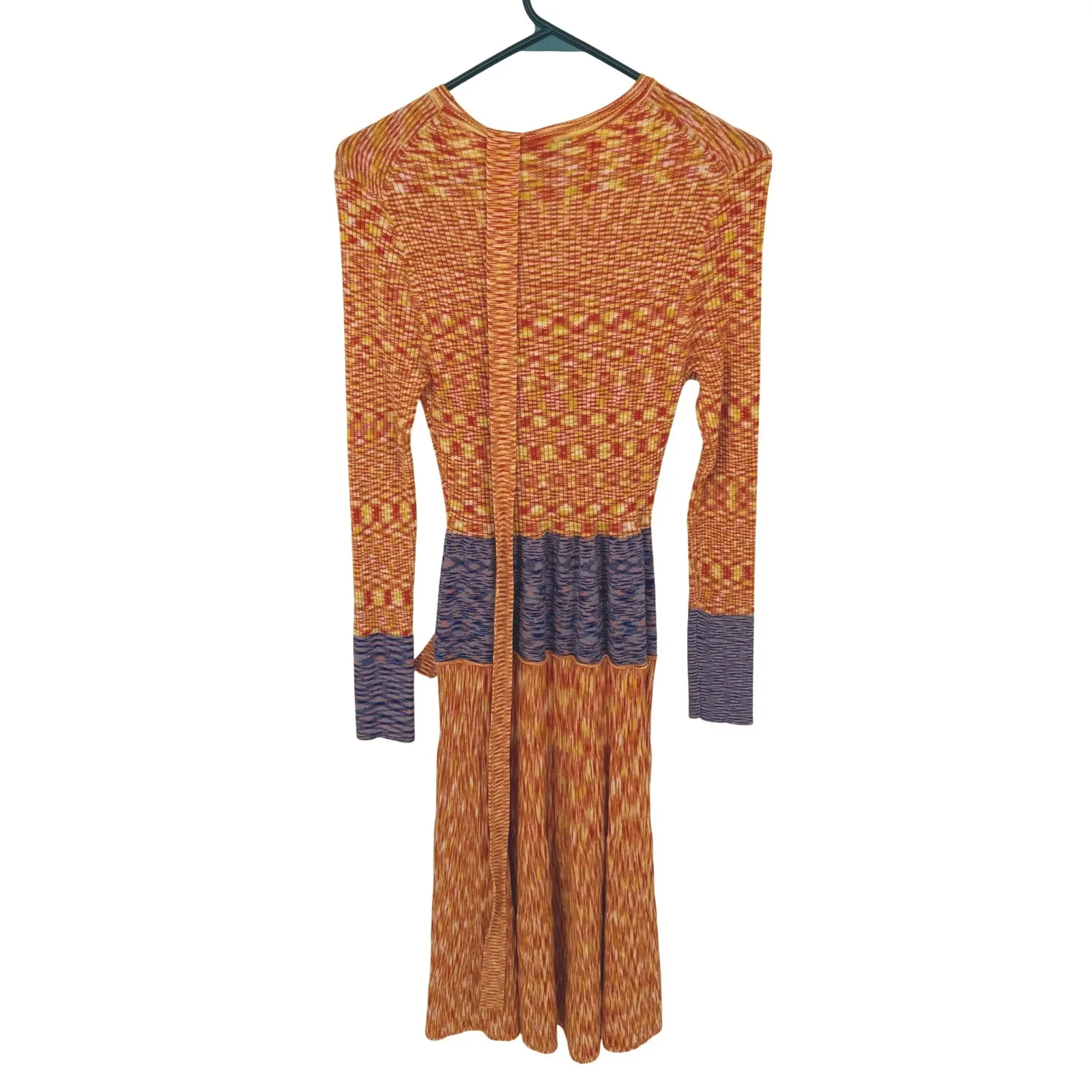 Scoop Sweater Dress Lg Space Dye Midi Orange Blue Ribbed Belted 70s Retro - Image 6