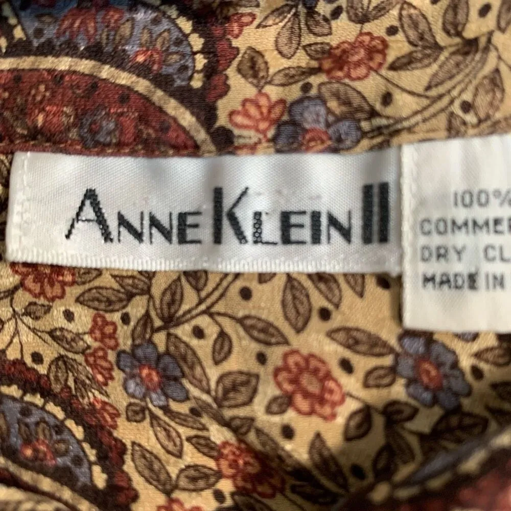 Vintage 90s Top Tan Maroon Silk Paisley Button Front Long Sleeve Dark Floral 6 - Image 8