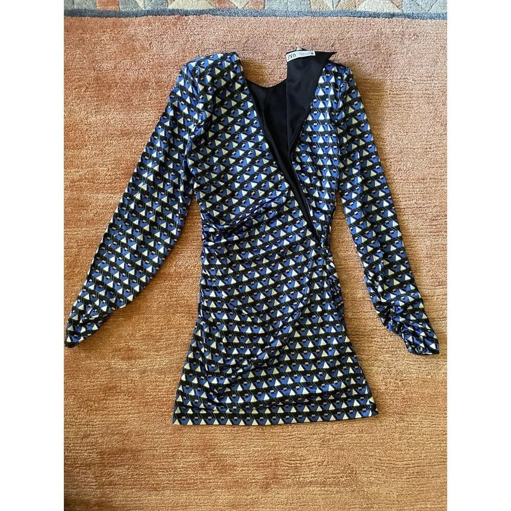 Zara Blue Geometric Print Mini Dress Ruched Long Sleeve Size S - Image 7
