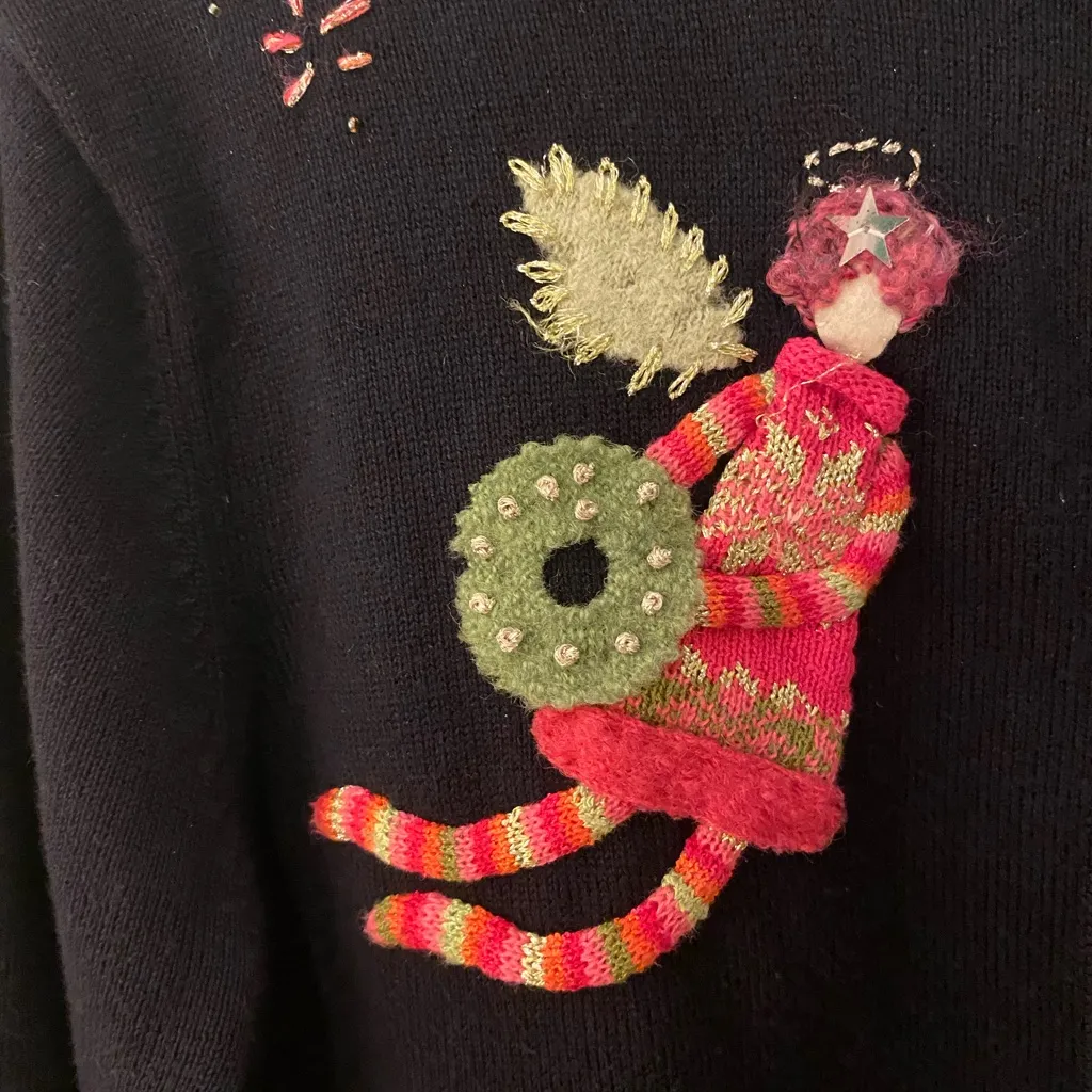 Women’s Vintage Talbots Full Zip black Sweater With Embroidered Fairy Design - Image 2