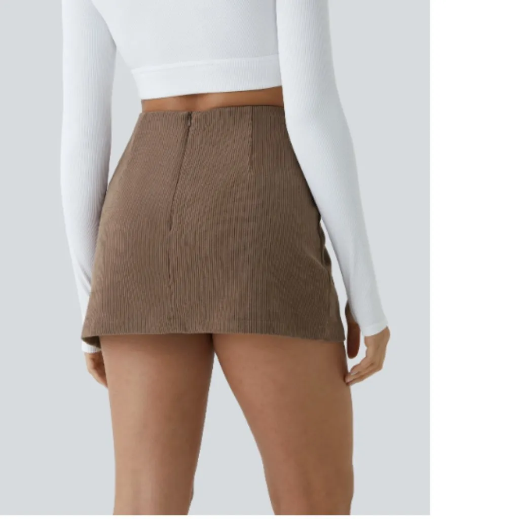NWT Halara High Waisted Back Zipper Hem 2-in-1 Corduroy Skirt, Brown | Medium - Image 2