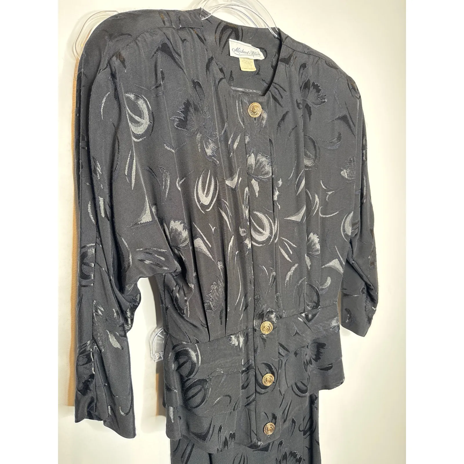 Michael Blair 1990s Black Textured Skirt Suit Set Floral Embossed Size XXS - Image 6