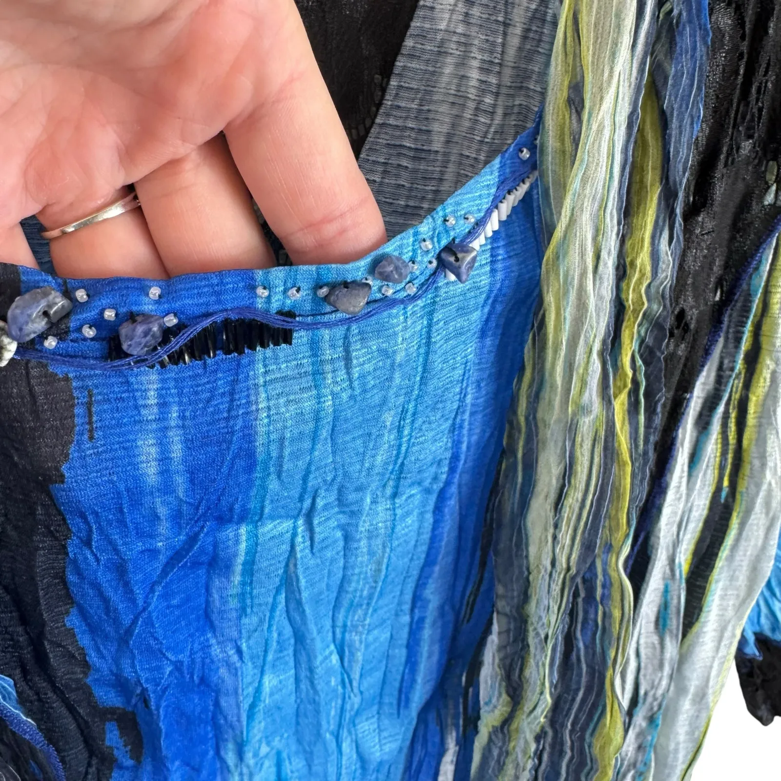 Alberto Makali Blue Black Colorful Beaded 3/4 Sleeve Lightweight Blouse Size M - Image 4