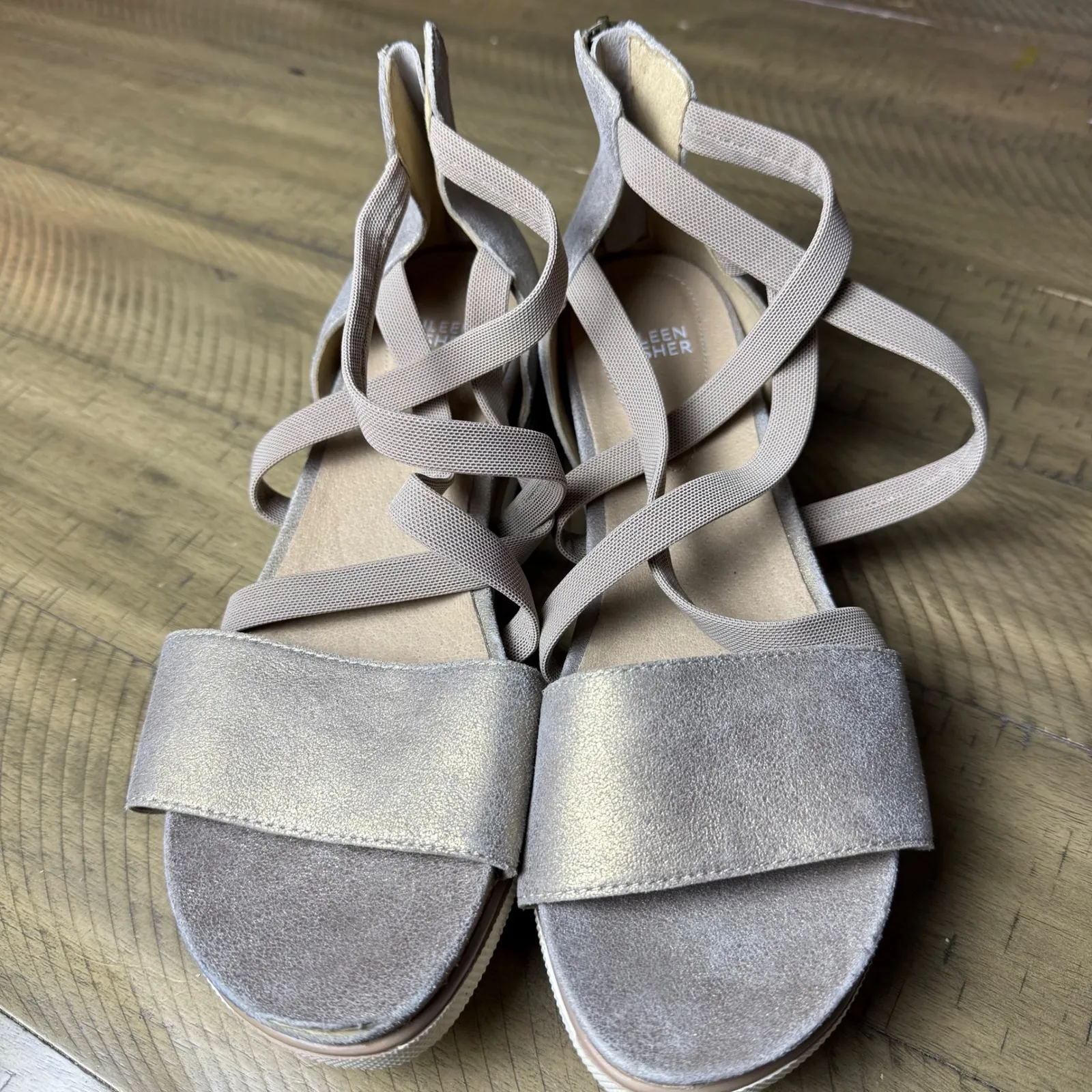 Eileen Fisher Star Metallic Wedge Sandals Womens Size 11 Elastic Straps - Image 2