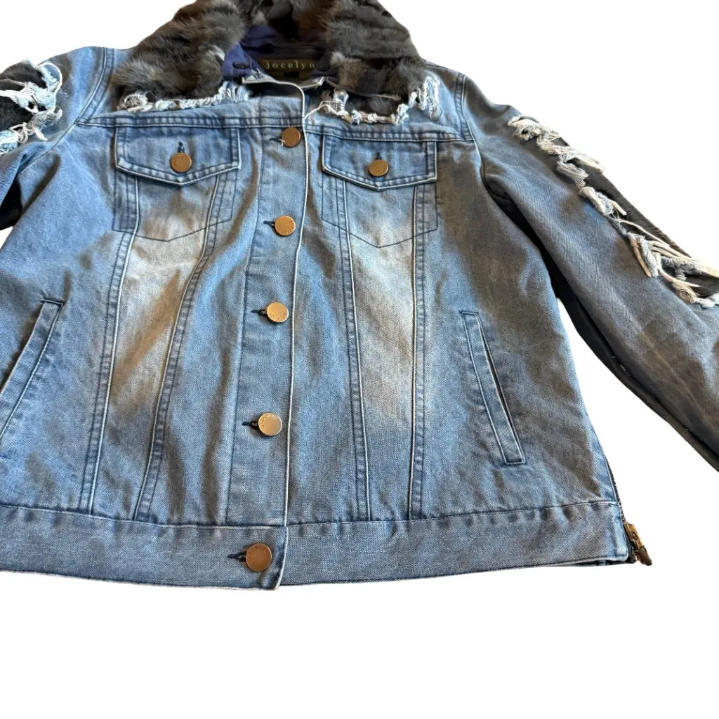 Jocelyn Distressed Denim Jacket Real Fur Cutout Trim Collar Size Small Women's Blue - Image 8