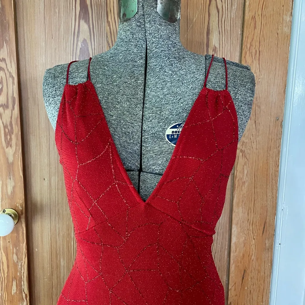 J USA Red Beaded Strappy Back Y2K Maxi Evening Dress Vintage 90’s Sz Large💛🍄 - Image 7