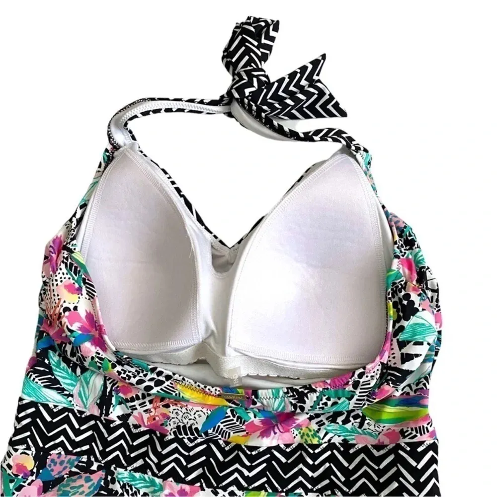 Lands End | Coastal Pool Tropical Floral Boho Halter One Piece Swimsuit Size 14 - Image 3