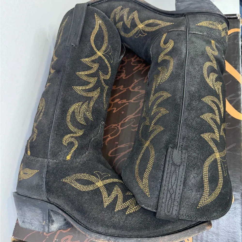 Lucchese Black Distressed Leather Pointed Toe Cowboy Boots Sz 71/2. - Image 2